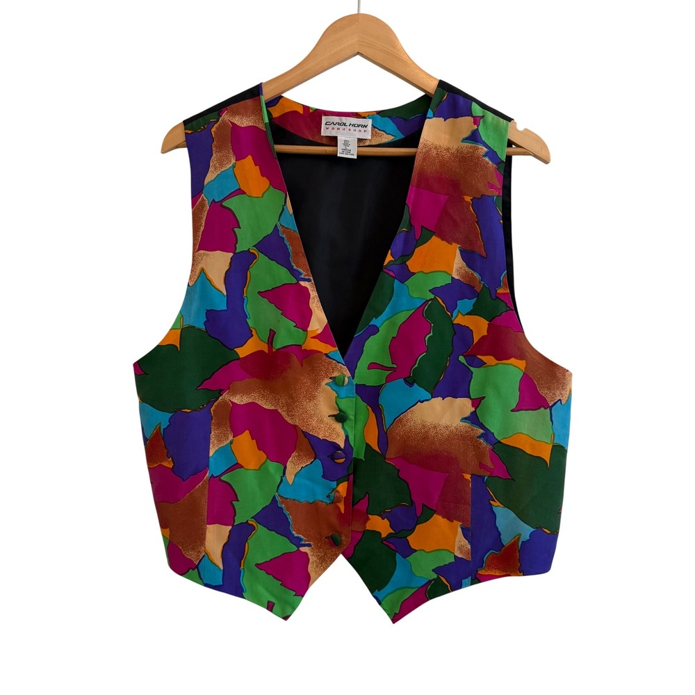 Vintage CAROL HORN WORKSHOP 100% Silk Abstract Leaf Print Button Front Vest‎ L